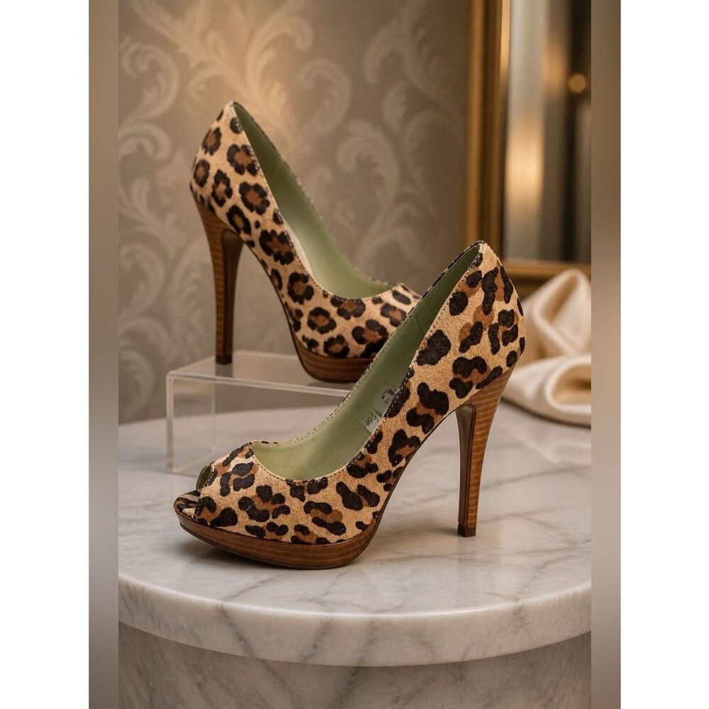 Leopard/Cheetah Print Faux Suede Peep Toe Heels 6.5
